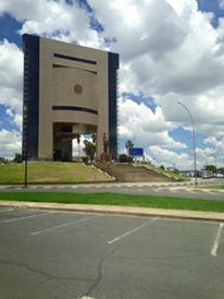 Namibia's independence museum, with a statue of the countries founder and first president Sam Nujoma.  Built by North Korea and known to some locals as the 'coffee machine'